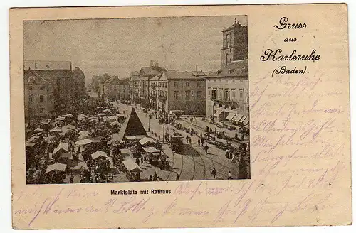 50186 AK Karlsruhe Marktplatz mit Rathaus 1915