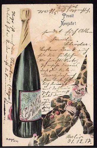 36659 AK Prosit Neujahr Harlekin Glücksklee Champagner um 1900
