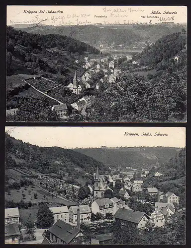 35774 2 AK Krippen b. Schandau 1928 Kirche Friedhof Tal