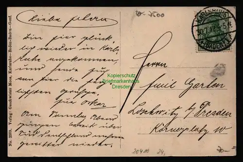 20410 AK Karlsruhe Eisenlohrstrasse ,  gelaufen  30.7.1912 Verlag Moos Karlsruhe