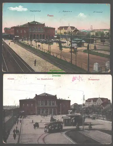 155515 2 AK Posen Hauptbahnhof Postamt St. Lazarus 1916 Bahnpostamt Straßenbahn