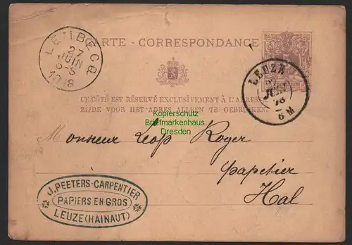154038 Ganzsache Belgien 1878 J. Peeters-Carpentier Leuze Hainaut Papiers Gros