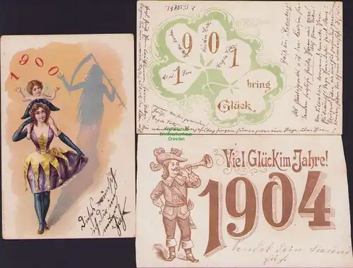 152568 3 AK Jahreswechsel Harlekin 1900 1901 Viel Glück im Jahre 1904