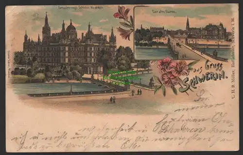 151952 AK Litho Schwerin Schloss Der alte Garten Brücke 1900