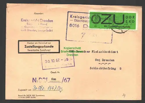 B7551 DDR ZKD ZU 2 y Brief Kreisgericht Dresden Zustellungsurkunde an Fleischkom