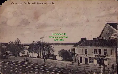 156782 AK Ostroda Osterode i. Ostpr. 1915 mit Drewenzbucht Bahnübergang Bahnhof