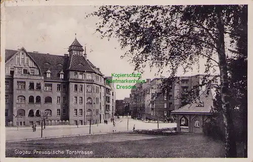 156964 AK Glogau Preussische Torstrasse Landpoststempel Gusteuschel 1934