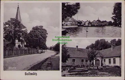 156550 AK Gollmütz Kr. Schwerin Warthe Posen Chelmsko 1942 Kirche Dorfteich