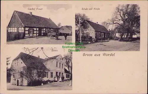 156474 AK Wordel bei Walcz Deutsch Krone um 1905 Schule Kirche Gasthof Treuer