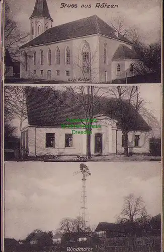 156607 AK Rützen 1940 evgl. Kirche Schule Windmotor Guhrau  Glogau 1940