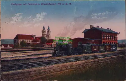 156579 AK Krzeszow Grüssau mit Bahnhof u. Klosterkirche 1938 bei Landeshut