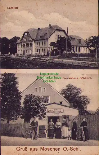 156493 AK Moschen Oberschlesien 1916 Bahnhof Lazarett Warenhaus Bönisch