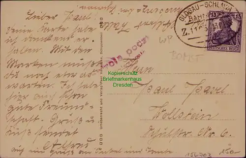 156703 AK Schussenze Bahnhof Kirche Schloß Kaliga 1917 Bahnpost Glogau - Schlawa