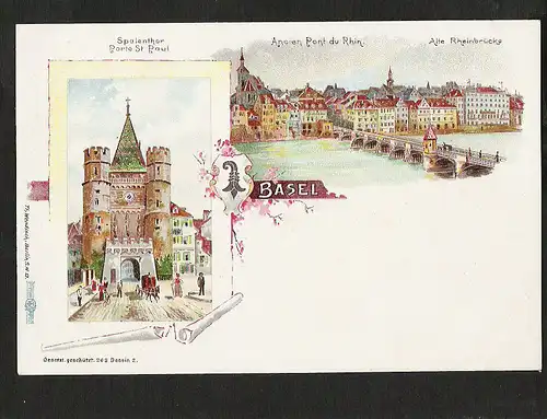 21113 AK Basel Litho um 1900 Spalenthor Porte St. Paul Alte Rheinbrücke