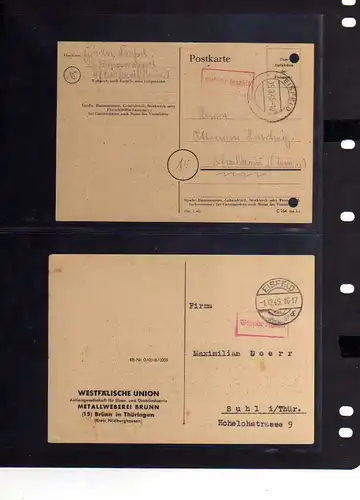B342 2x Postkarte SBZ Gebühr bezahlt 1945 Eisfeld Brünn Westfälische Union Metal