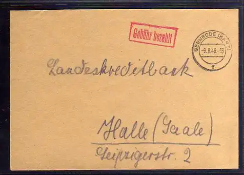 B388 SBZ Brief Gebühr bezahlt 1948 Gernrode Harz
