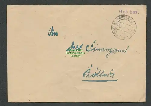B-5576 SBZ Gebühr Bezahlt Brief Gorsleben über Heldrungen 1948 an Finanzamt Köll