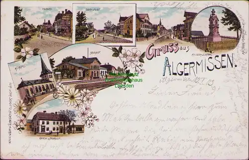 157512 AK Algermissen Litho 1903 Bahnhof Kirche Gasthaus Apotheke Kriegerdenkmal