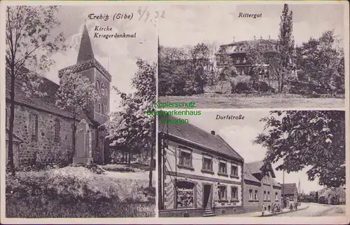 157553 AK Trebitz Elbe 1932 Kirche Kriegerdenkmal Rittergut Dorfstraße Laden
