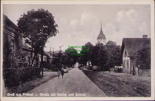 157569 AK Prötzel 1936 Straße mit Kirche und Schule Verlag Kunstanstalt Zibell