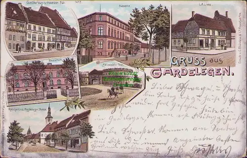 157561 AK Gardelegen 1900 Litho Gasthof zum schwarzen Bär Kaserne Realschule