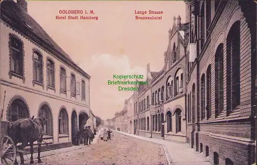 157148 AK Goldberg i. M. Hotel Stadt Hamburg Lange Strasse Brunnenhotel um 1915
