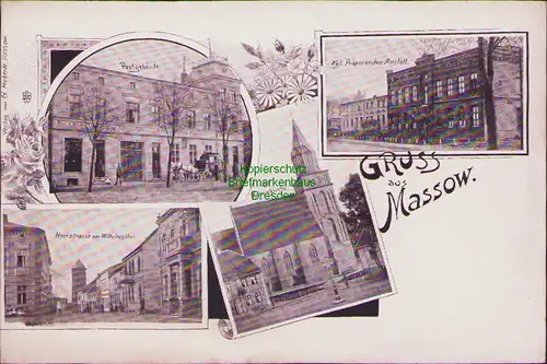 157096 AK Massow um 1900 Postgebäude Heerstrasse am Wilhelmstor St. Marienkirche