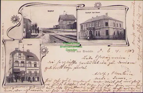 157262 AK Breddin 1903 Bahnhof Gasthof Karl Glaser Postamt