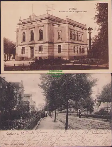 157231 2 AK Grabow i. M. 1903 Gartenstraße Realschule und Kriegerdenkmal 1919