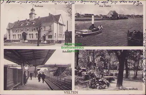 157197 AK Velten 1930 Bahnhof Rathaus Hafen Anlagen im Park Verlag Goldiner