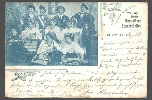 145844 AK Chemnitz Gruss aus den Vereinigt. Neuen Reudnitzer Konzerthallen 1898