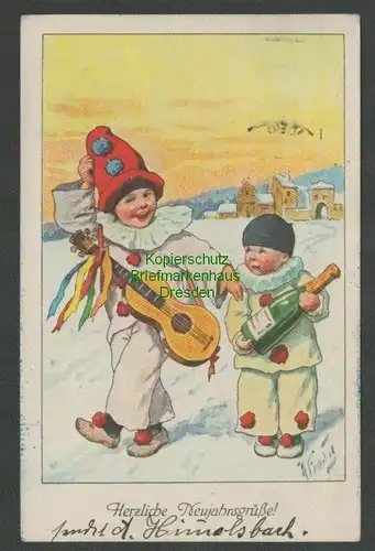 139218 AK Künstlerkarte Neujahrsgrüße Karlsruhe 1929 Kinder als Clown Gitarre