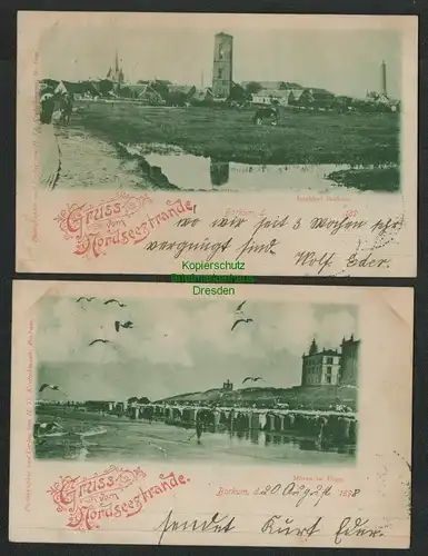 139152 2 AK Borkum Inseldorf Kirche Leuchtturm Strand Möven im Fluge 1898