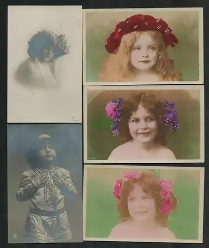 139103 5 AK Künstlerkarte Kinder 1907 Blumen im Haar Hut Fotokarte