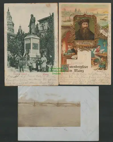 139304 3 AK Mainz Litho Gutenbergfeier 1900 Relief Karte Denkmal Rheinbrücke