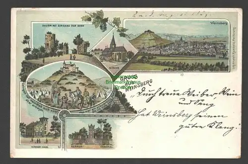 138368 AK Weinsberg Litho 1899 Turm Eingang zur Burg Kerner Haus Kirche