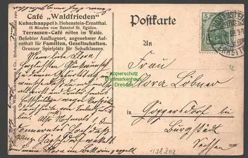 138302 AK Restaurant Waldfrieden in Kuhschnappel bei Hohenstein-Ernstthal 1908