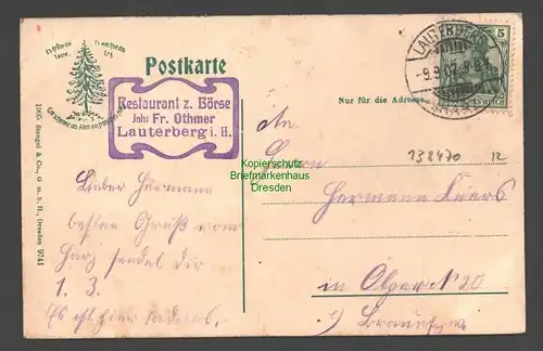 138470 AK Lauterberg im Harz Ostfriesenklippe 1907 Stempel Restaurant zur Börse