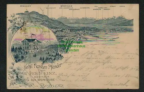 137699 AK Bregenz Vorarlberg 1896 Hotel Pension Pfänder Federlitho Vorläufer