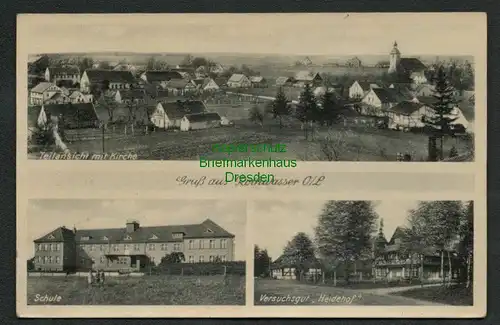 137792 AK Rothwasser O./L. um 1940 mit Kirche Schule Versuchsgut Heidehof