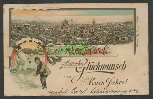 137652 AK Wiesbaden Winterlitho Schneemann 1895 Neujahr 1896