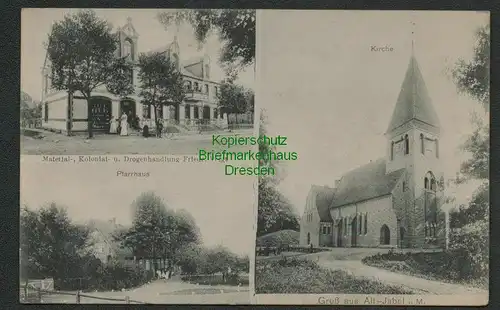 137889 AK Alt Jabel i. M. Kirche Pfarrhaus Material- Kolonial- Drogenhandlung 1
