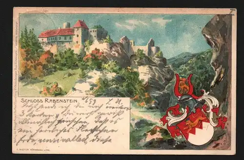 134718 AK Litho Schloss Rabenstein Wappen 1899
