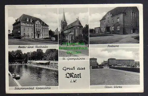 128676 AK Marl i. W. Amtshaus Rathaus Schwimmbad Loemühle Post Chem. Werke 1956