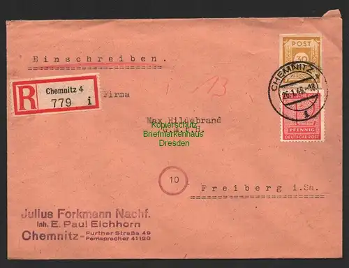 B8755 SBZ Ostsachsen 55 Westsachsen 132 Brief Einschreiben Chemnitz 1946