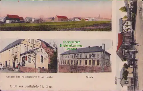 157888 AK Berthelsdorf i Erzgebirge 1916 Bahnhof Sattlerei Kolonialwaren Reichel