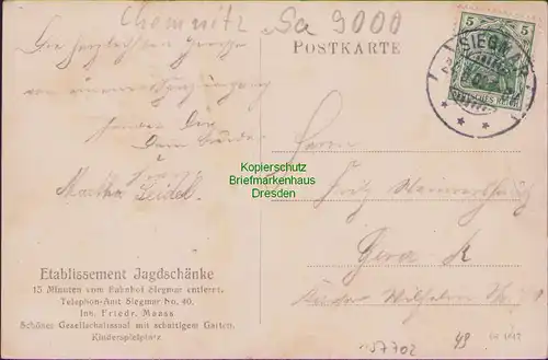 157702 AK Siegmar Etabllissement Jagdschänke 1909