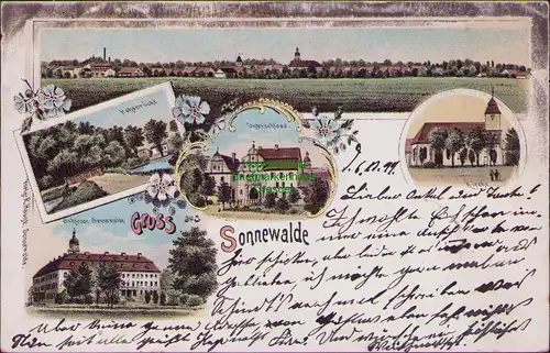 157851 AK Sonnewalde Litho 1899 Hohebrücke Unterschloss Kirche Schloss
