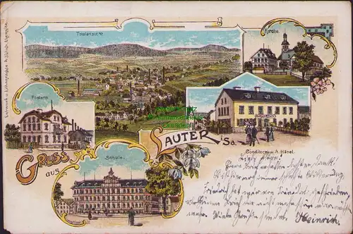 157878 AK Lauter i. Sachsen 1911 Litho Postamt Schule Kirche Conditorei A. Hänel