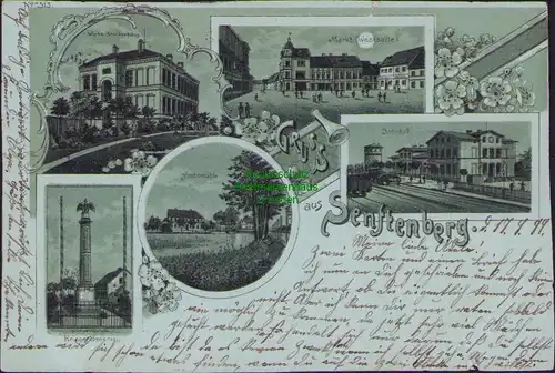 157757 AK Senftenberg N.-L. 1899 Litho Werks Krankenhaus Markt Amtsmühle Bahnhof